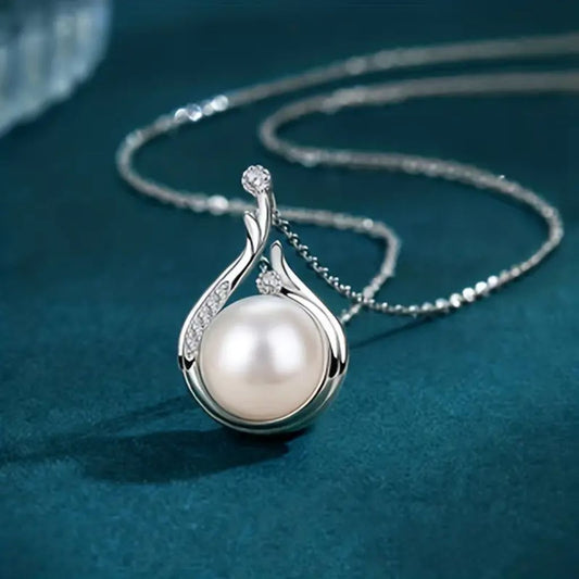 Silver Plated Pendant Necklace with Large Pearl and Sparkling Stones